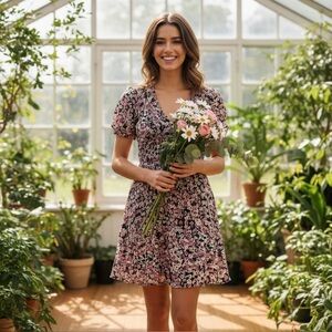 Cotton On Black Floral Mini Dress with Pink and White Flowers